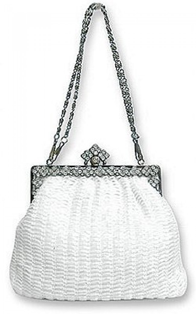 Evening Bag - Beaded w/ Rhinestone Frame &ndash; White &ndash; BG-38694WT